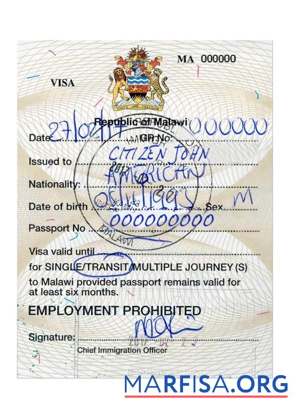 Printable Malawi travel visa download for verification